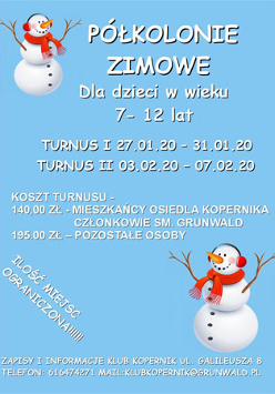 Plakat wydarzenia: Na niebieskim tle białe napisy, w 2 przeciwnych rogach bałwanki.