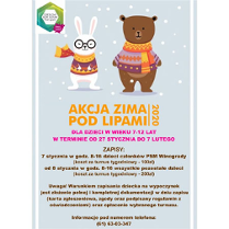 Plakat wydarzenia: Zając i miś w sweterku i szaliku. Pada śnieg.