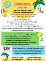 Plakat wydarzenia:5 bloków tekstowych, przy każdym grafika. Od góry: bałwanek pod palmą, leżak plazowy, bałwan i słońce, palma i pod nia połowa kokosa.