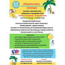 Plakat wydarzenia:5 bloków tekstowych, przy każdym grafika. Od góry: bałwanek pod palmą, leżak plazowy, bałwan i słońce, palma i pod nia połowa kokosa.