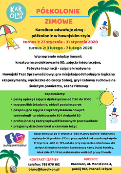 Plakat wydarzenia:5 bloków tekstowych, przy każdym grafika. Od góry: bałwanek pod palmą, leżak plazowy, bałwan i słońce, palma i pod nia połowa kokosa.