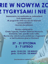 Plakat wydarzenia: Na niebieskim tle: po lewej - słoń, po prawej - tygrys, w środku tekst.