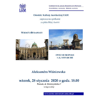 Plakat wydarzenia: na srodku 2 zdjęcia; z Wiednia i Budapesztu.