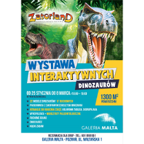 Plakat wydarzenia: Na górze 2 dinozaury z otwartymi paszczami na tle zieleni. Na dole napisy.