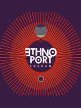 Logo Festiwalu na fioletowym tle, w środku napis Ethno Port
