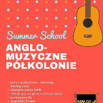 Plakat z napisem wydarzenia na czerwonym tle z gitarą po prawej stronie.