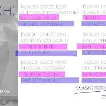 Po prawej szare zdjęcie, cykl, organizator wydarzenia. Po prawej szczegółowy program w różowych i fioletowych ramkach.