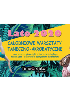 Po lewej dziwczynka w stroju gimnastycznym na tle zielonych lisci wykonuje akrobacje, po prawej uśmiechnięty chłopiec z wężem na karku. Na środkuróżowe i zielone napisy na żółtym tle.