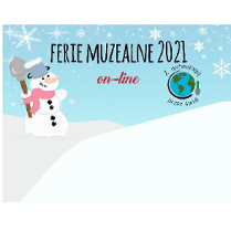 Bałwanek na górkach pokrytych śniegiem. Napis: Ferie muzealne 2021 on-line.