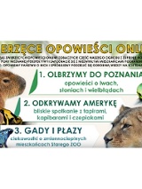 Po lewej gryzoń i dwie żaby, po prawej lwica i wąż. Na środku napisy.