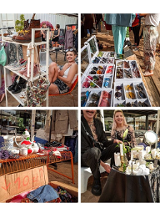 Stanowiska z okularami, koszulkami, plakatami, obok uśmiechnieci wystawcy. Napis "Targowisko różności ciuchy vintage, prace lokalnych artystów, targ staroci".