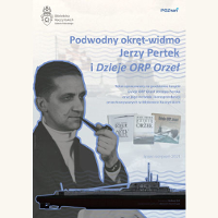 Plakat ze zdjęciem Jerzego Pertka trzymającego w zębach fajkę. Na dole szkic okrętu i morskie fale. W środkowej części okładka książki. W górnej części niebieskie napisy na jasnym tle.