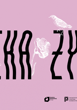 Przedstawia różową planszę na tle której widnieje czarny napis oraz biały zarys zwierząt.