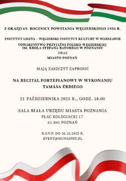 Czarne napisy na beżowym tle. Szczegółowe informacje na temat wydarzenia zawarte w treści artykułu. U góry wstęga ze wzorem flagi Węgier. Na dole wstęga ze wzorem flagi Polski.