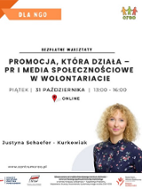 Biały plakat z napisami. Informacje na temat wydarzenia zawarte w treści artykułu. W prawnym dolnym rogu zdjęcie uśmiechniętej kobiety.