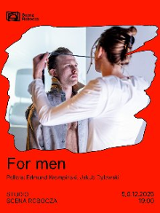 W czerwonej ramce wyciętej w nieregularny kształt znajduje się zdjęcie przedstawiające dwoje aktorów na scenie. Na czerwonym tle nazwa wydarzenia zawarta w treści artykułu.