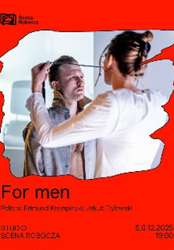 W czerwonej ramce wyciętej w nieregularny kształt znajduje się zdjęcie przedstawiające dwoje aktorów na scenie. Na czerwonym tle nazwa wydarzenia zawarta w treści artykułu.