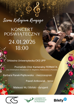 Plakat w kolorach złota, czerwieni i zieleni. Z prawej strony zdjęcie orkiestry smyczkowej podczas gry, gdzie są widoczne dłonie muzyków i instrumenty. Wokół znajdują się bożonarodzeniowe ozdoby, bombki, gałązki i gwiazdki. Na środku napisy będące szczegółami na temat wydarzenia, które są zawarte w treści artykułu.