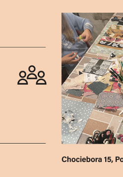 Jasne, pomarańczowe, jednolite tło. Z prawej strony zdjęcie przedstawiające stół, na którym lezą rozmaite, kolorowe wycinanki. Widać także dłonie dzieci, które coś naklejają lub przycinają. Z lewej strony informacje o wydarzeniu i organizatorach, zawarte w treści artykułu.