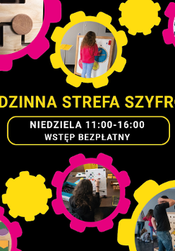 na czarnym tle różowe i żółte zębatki, w które wpisane są zdjęcia dzieci i dorosłych bawiących się zagadkami.