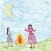 rysunek przedstawiający dwie kobiety przy ognisku