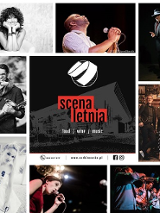 Zdjęcia artystów, a w środku plakat reklamujący na tle budynku, czerwono-czarny napis.