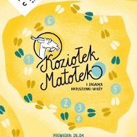 Plakat przedstawienia - rysunek przedstawiający głowę Koziołka Matołka na tle konturu mapy Polski w żółtych kolorach.