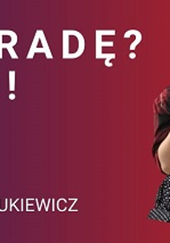 Różowo-fioletowy plakat, po lewej stronie napisy, po prawej zdjęcie kobiety w koszuli w kratę i spódnicy w grochy.