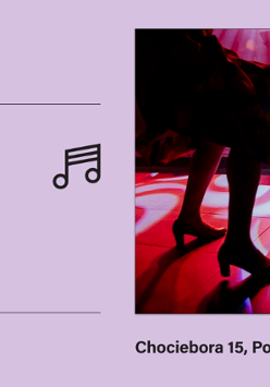 Plakat Domu Kultury AZK zachęcający do wzięcia udziału w tanecznej imprezie. Z prawej strony zdjęcie tańczącej pary, z lewej napisy, które informują o wydarzeniach.