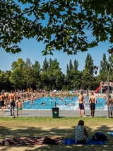 Wypoczynek na pływalni letniej: w basenie, na trawie.