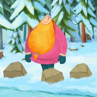Kadr z rysunkowego filmu przedstawia uśmiechniętego, okrąglutkiego Wikinga z długą rudą brodą i w różowym wdzianku. Wiking stoi przy trzech kamieniach. Dookoła niego śnieżny krajobraz lasu iglastego.