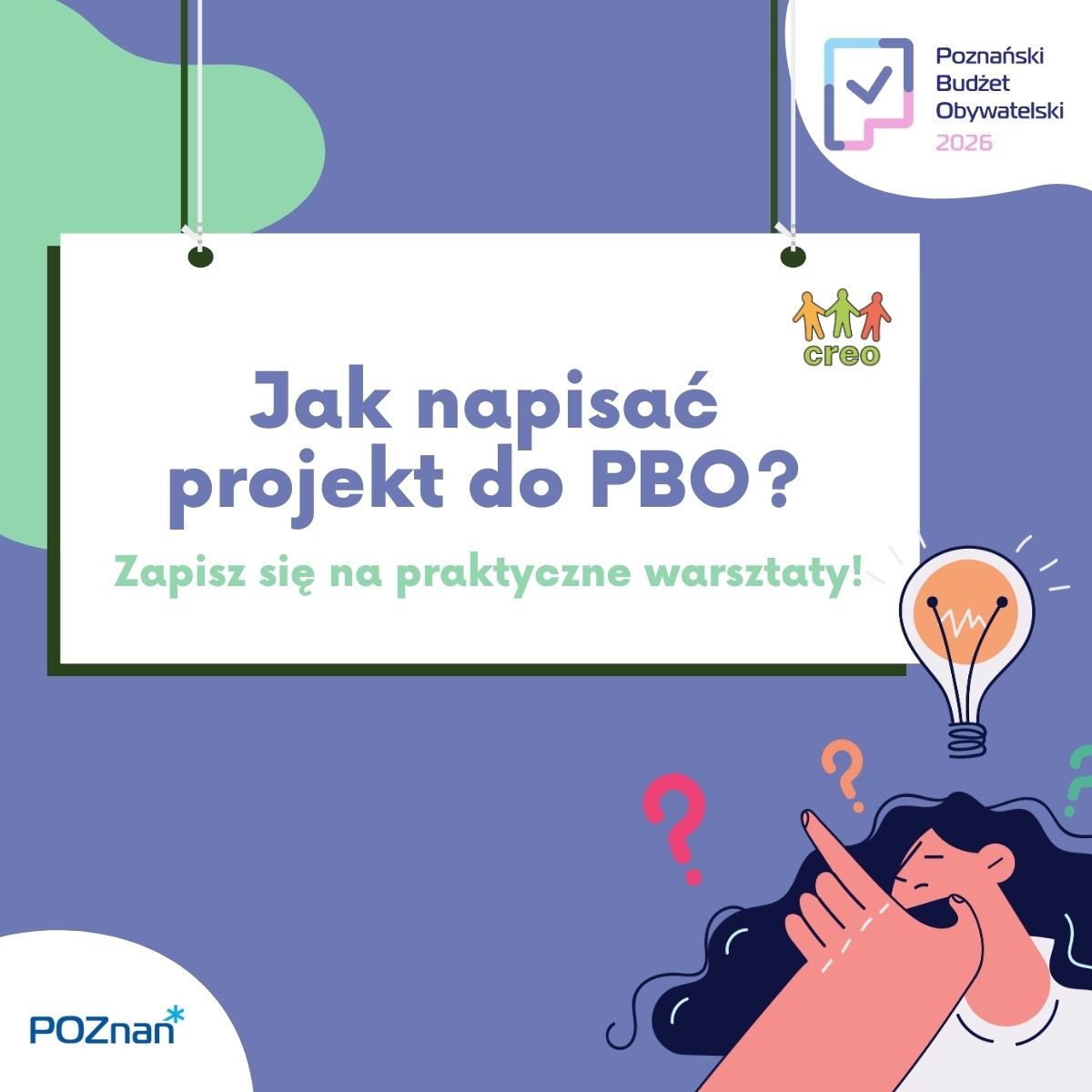 Grafika przedstawia postać, która zaprasza na warsztaty z pisania projektów do PBO26 - grafika artykułu