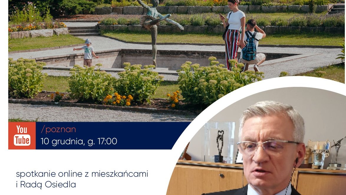 Grafika zapowiadająca spotkanie prezydenta z mieszkańcami Ogrodów. Widać na nim zdjęcie prezydenta Jacka Jaśkowiaka oraz ludzi w Ogrodzie Botanicznym. - grafika artykułu