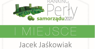 Grafika: dyplom rankingu Pereł samorządu z nazwiskiem zwycięzcy, Jacka Jaśkowiaka, prezydenta Poznania