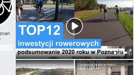 4 kadry z filmu: "TOP 12 inwestycji rowerowych" z rowerzystami na drogach rowerowych. W lewym dolnym rogu widok na Wartę - grafika artykułu
