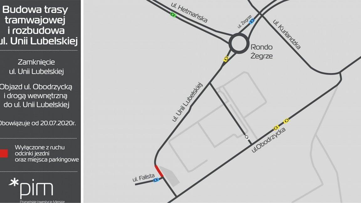Mapka. Na czerwono zaznaczony wyłaczony odcinek ruchu.