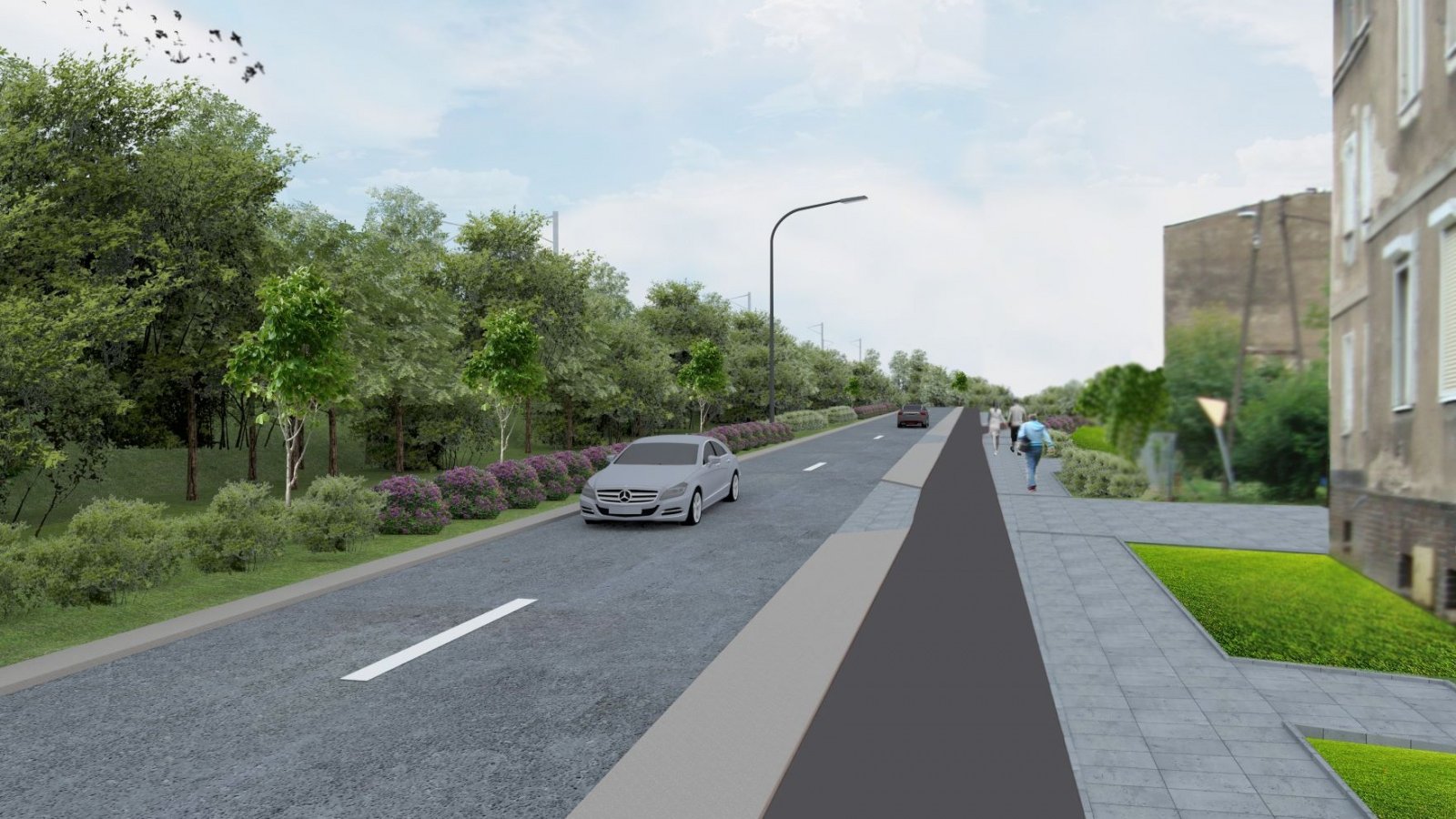 Wizualizacja. Od lewej: pas zieleni z krzewami, ulica, chodnik i budynki mieszkalne.