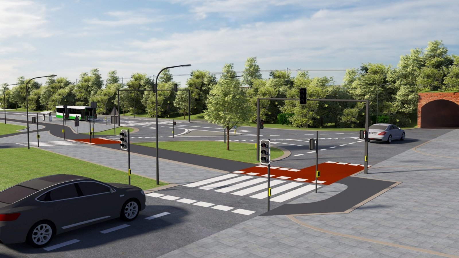 Wizualizacja. Skrzyżowanie i śluza rowerowa.