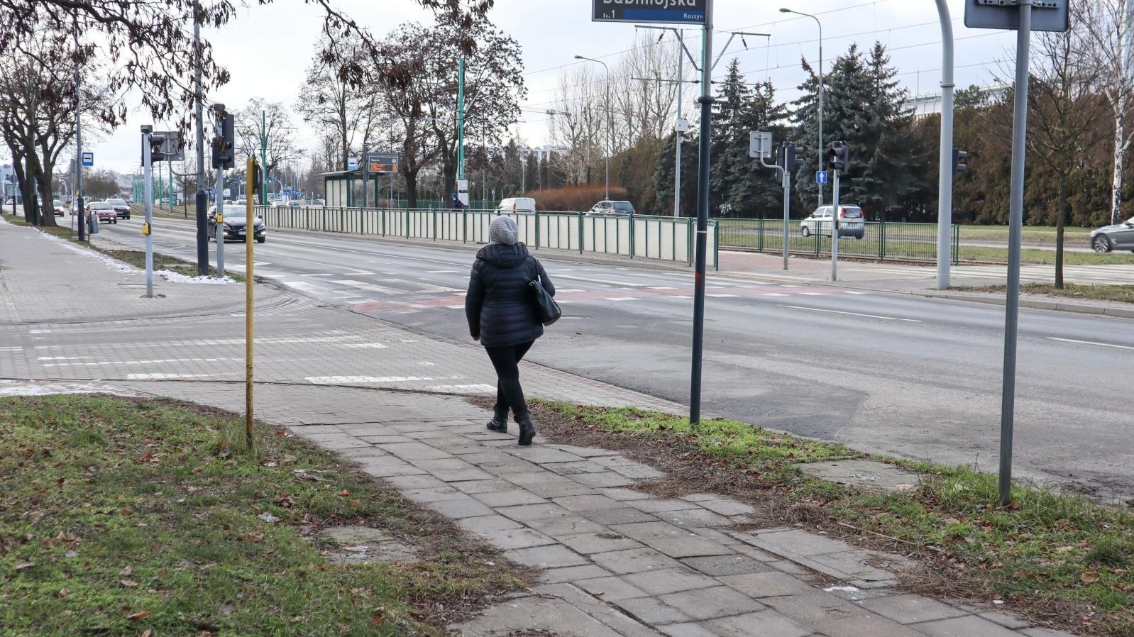 Droga rowerowa z płyt chodnikowych i idąca kobieta.