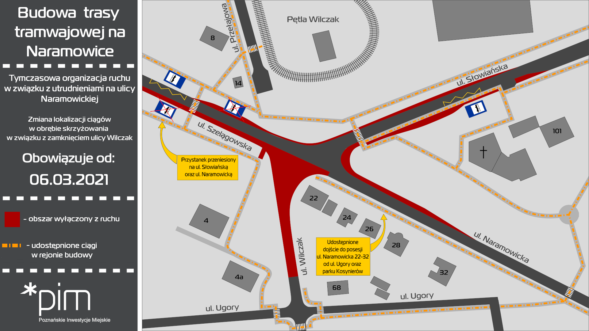 Infografika - mapka z trasami dla pieszych w rejonie skrzyżowania: Wilczak/Naramowicka/Słowiańska/Szelągowska. - grafika artykułu
