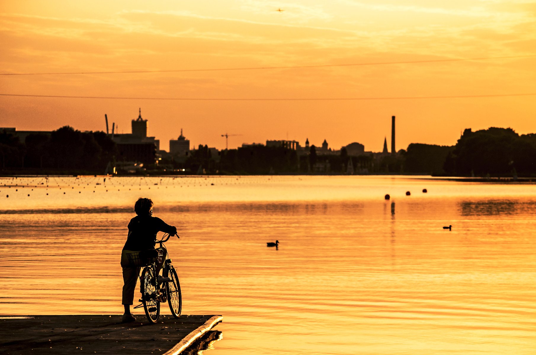 Zdjęcie przedstawia osobę stojącą na rowerze na pomoście przy jeziorze Maltańskim, patrzącą w kierunku zachodzącego słońca. - grafika artykułu