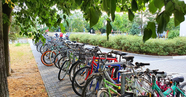 Zdjęcie przedstwia kilkanaśie rowerów stojących w równym rzędzie.