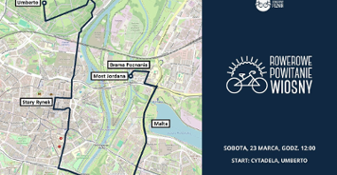 Mapa Poznania z zaznaczoną trasą przejazdu rowerem. Informacje o przejeździe rowerowym na granatowym tle po prawej stronie.