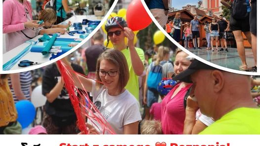 Kolaż zdjęć: dzieci wykonujące prace plastyczne, kobieta z czerwonymi wstążkami, osoby na dziedzińcu Urzędu Miasta