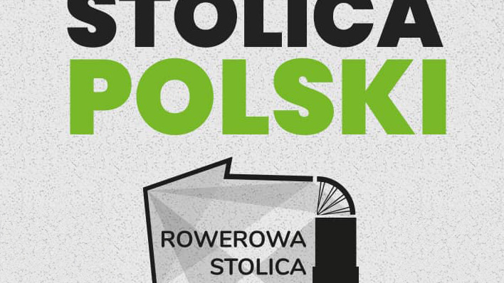 Na szarym tle czarno - zielony napis Rowerowa Stolica Polski, pod napisem logo rywalizacji.