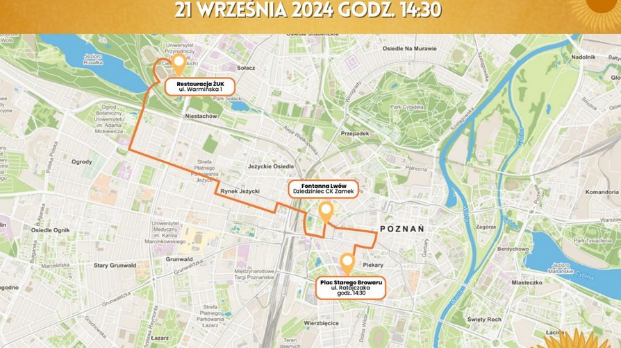Mapa fragmentu Poznania, na której zaznaczono trasę przejazdu rajdu rowerowego.