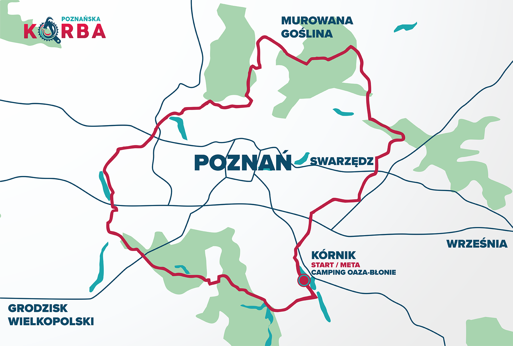 Mapa, a na niej zaznaczona trasa Poznańskiej Korby - wyścigu rowerowego. - grafika artykułu