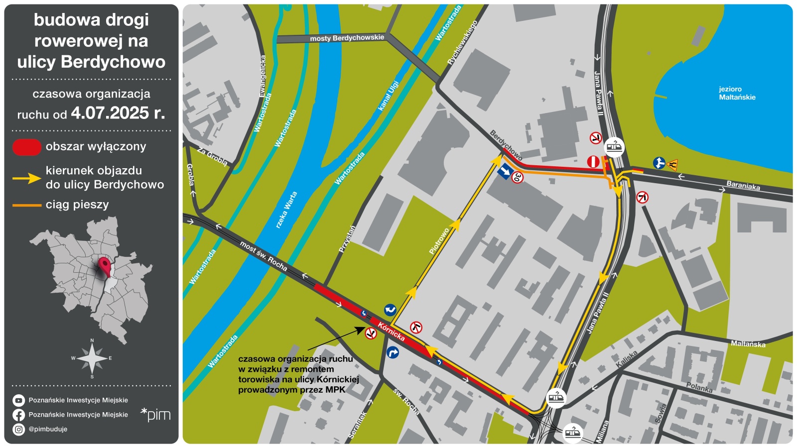 Plan z czasową organizacją ruchu od 4 lipca 2025 w rejonie ulic Berdychowo. - grafika artykułu