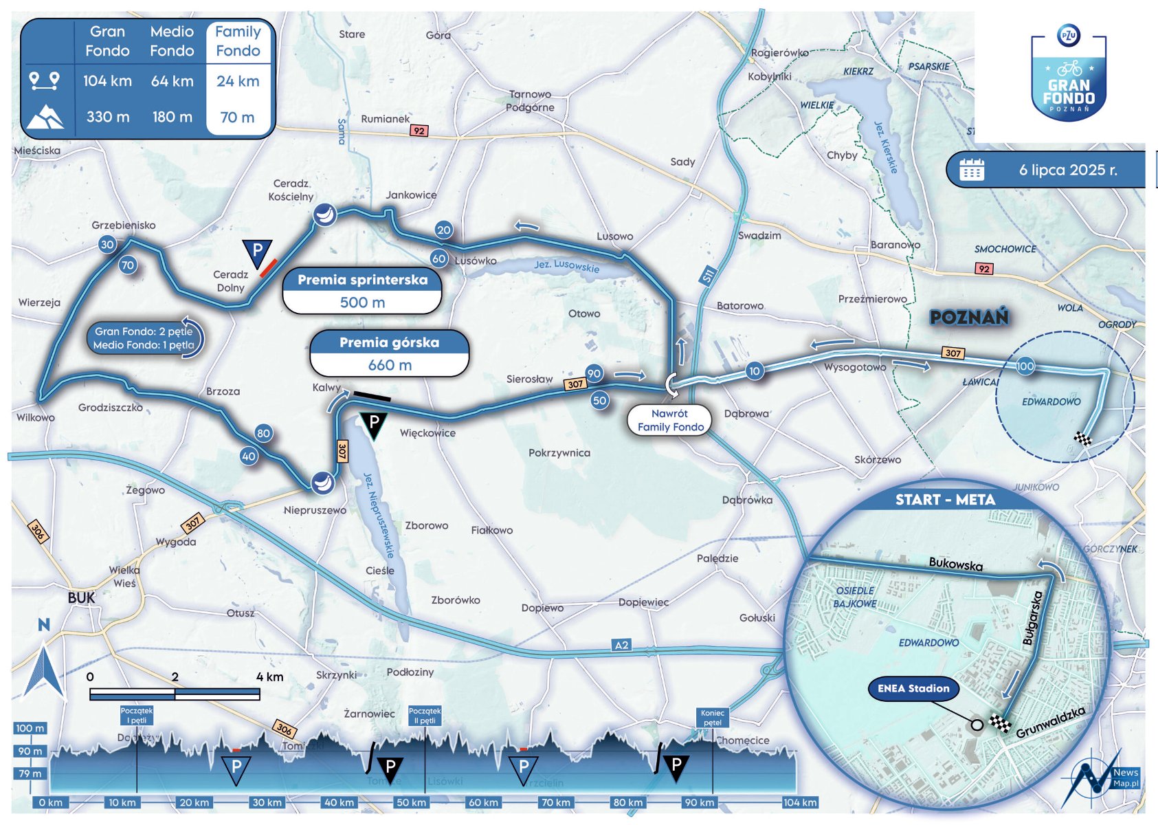 Mapa z zaznaczonymi trasami wyścigu rowerowego Gran Fondo Poznań. - grafika artykułu