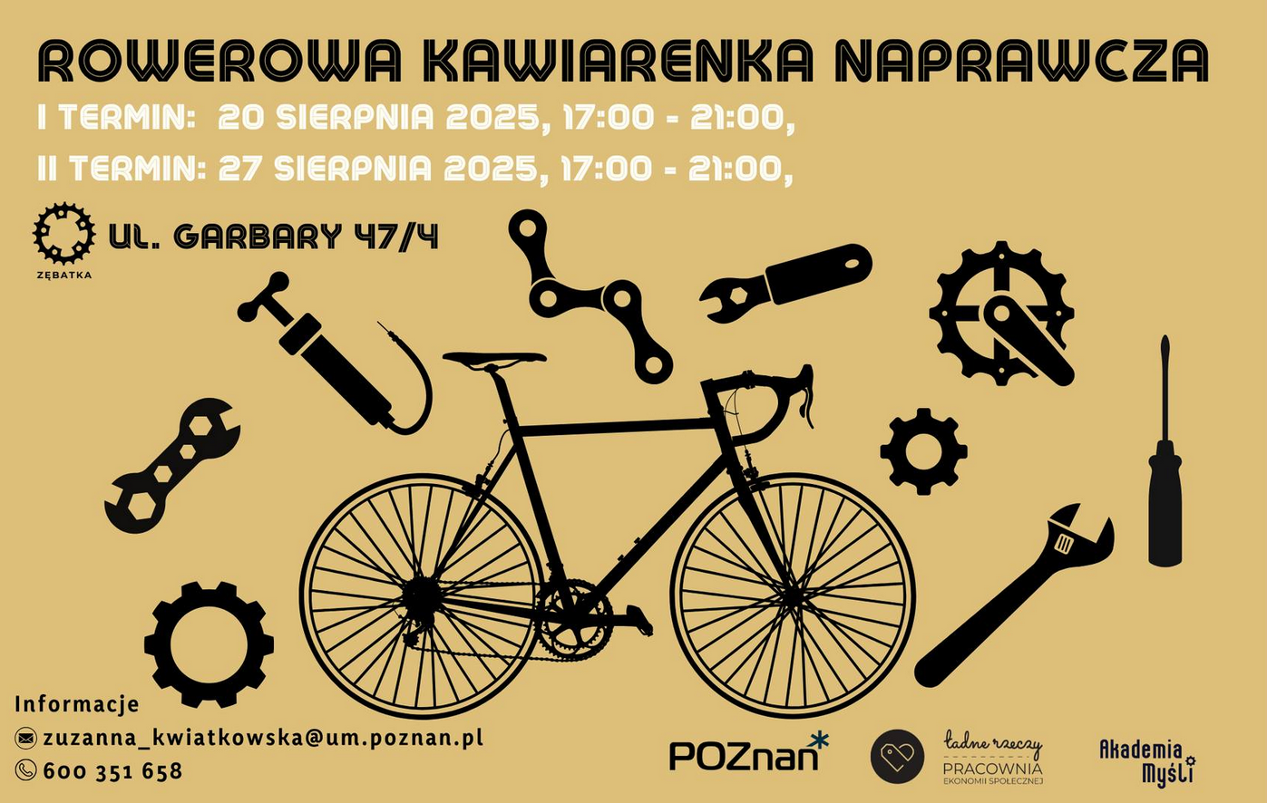 Plakat z rysunkiem roweru, dookoła którego porozrzucano narzędzia i części rowerowe. Szczegółowe informacje z plakatu są powtórzone w treści artykułu. - grafika artykułu